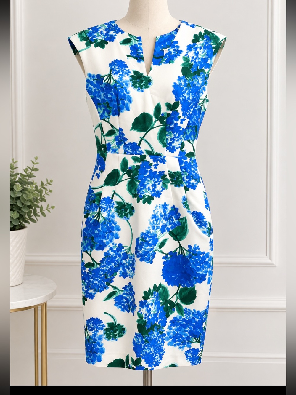 Calvin Klein White Sheath Dress with Blue and Green Floral Print